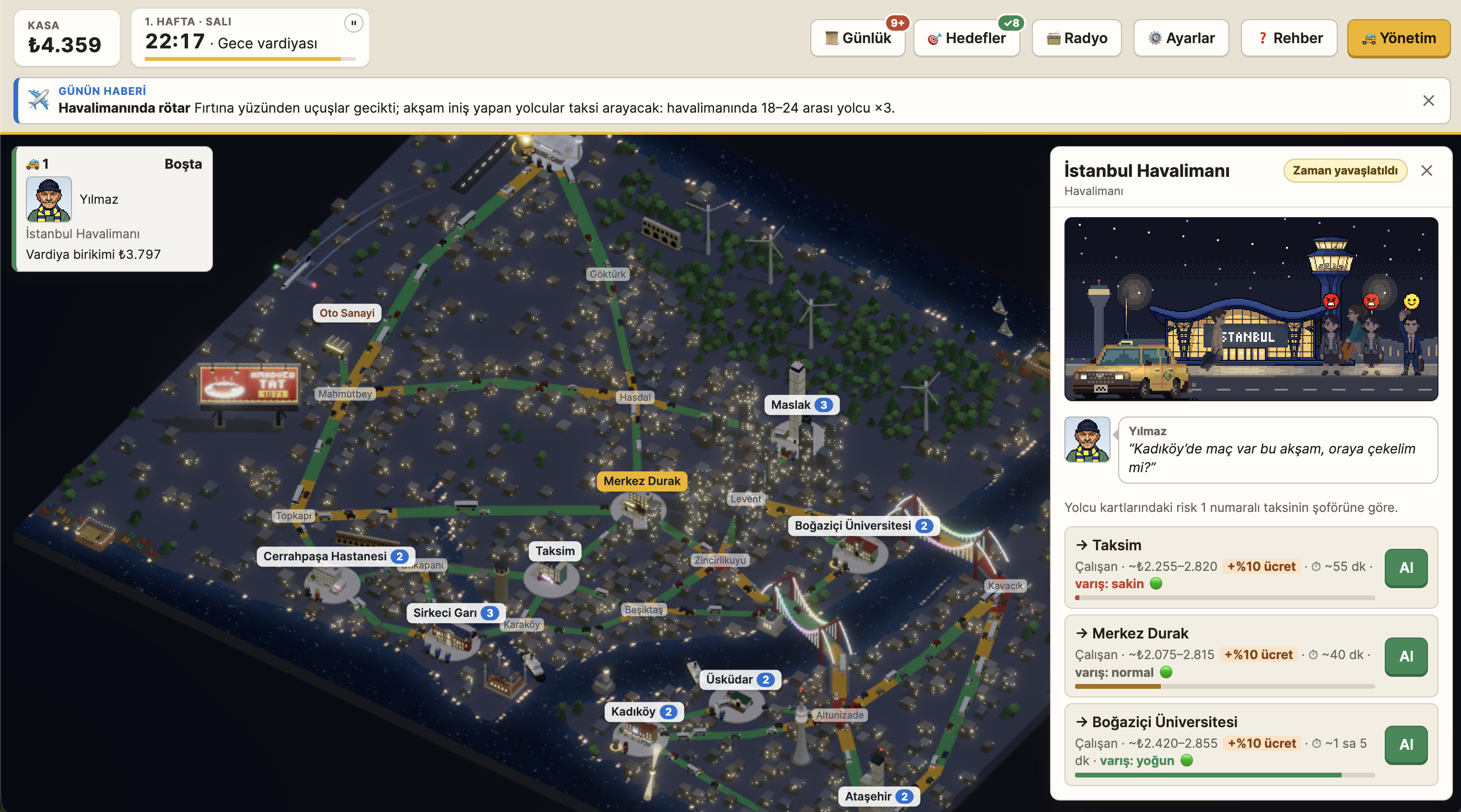 Taxi Station isometric night map of Istanbul with dispatch panel showing an active passenger request at İstanbul Havalimanı
